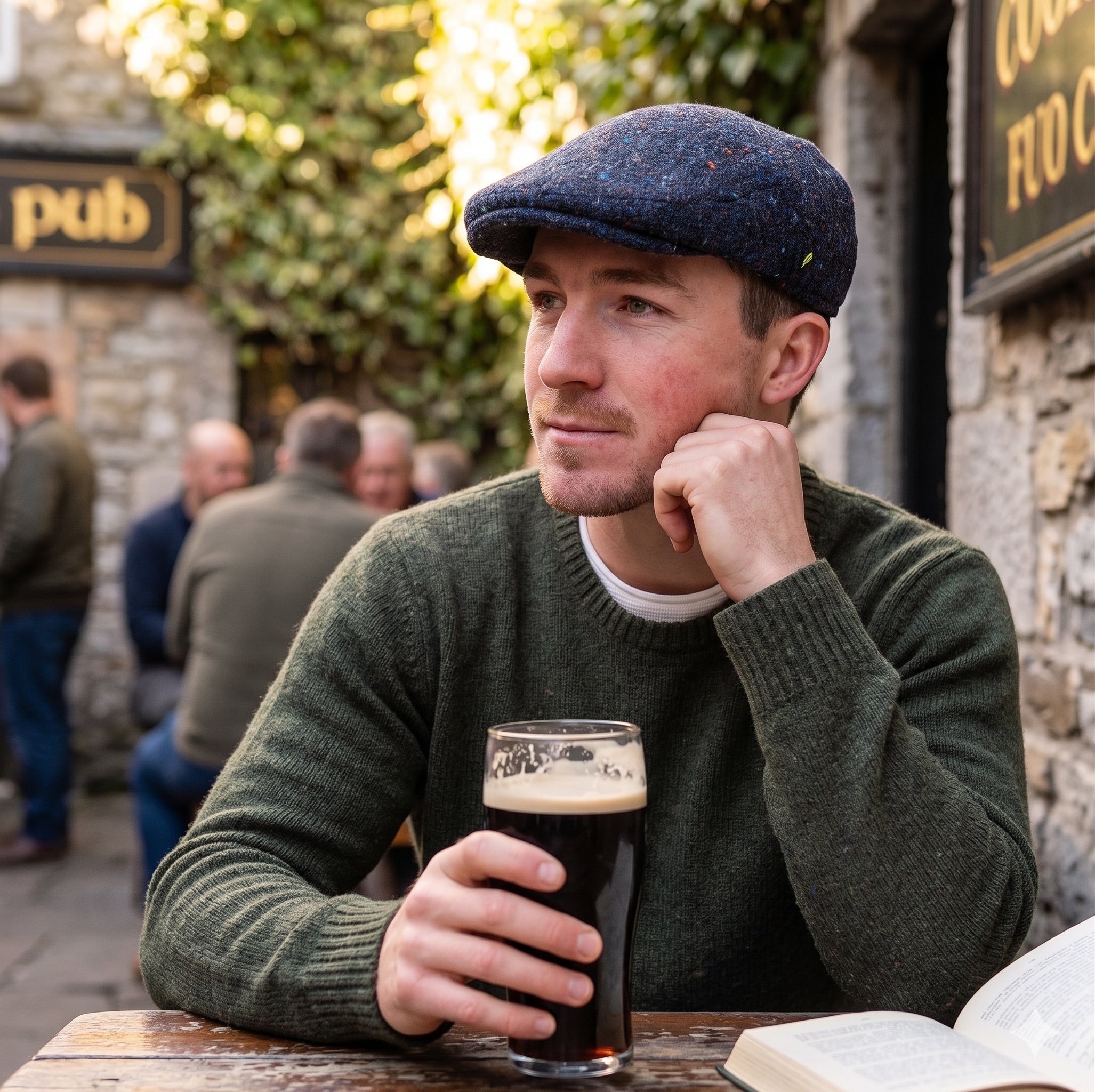 Irish Donegal Tweed Flat Cap - Navy Herringbone, 100% Wool Hat With Curved Peak