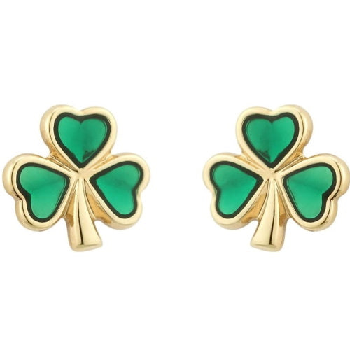Irish Gold-Plated Green Enamel Shamrock Stud Earrings