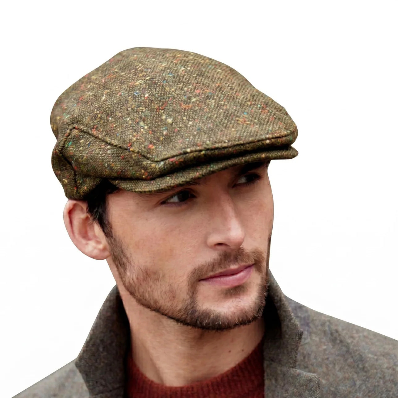 Irish Tweed Flat Cap - Green Brown Donegal Fleck 100% Wool Vintage Hat