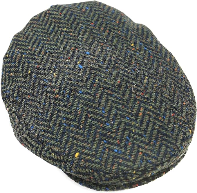 Irish Donegal Tweed Flat Cap - Green Herringbone, 100% Wool Hat With Curved Peak