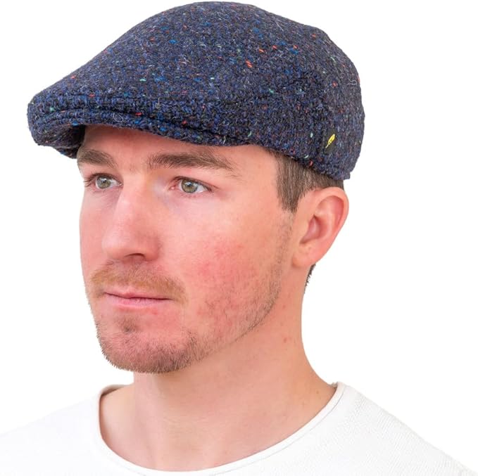 Irish Donegal Tweed Flat Cap - Navy Herringbone, 100% Wool Hat With Curved Peak