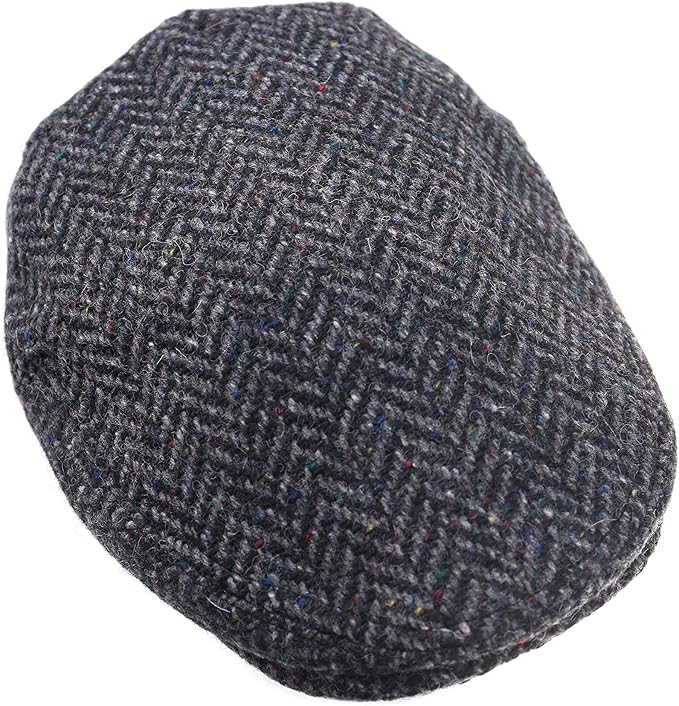 Irish Donegal Tweed Flat Cap - Charcoal Herringbone, 100% Wool Hat With Curved Peak