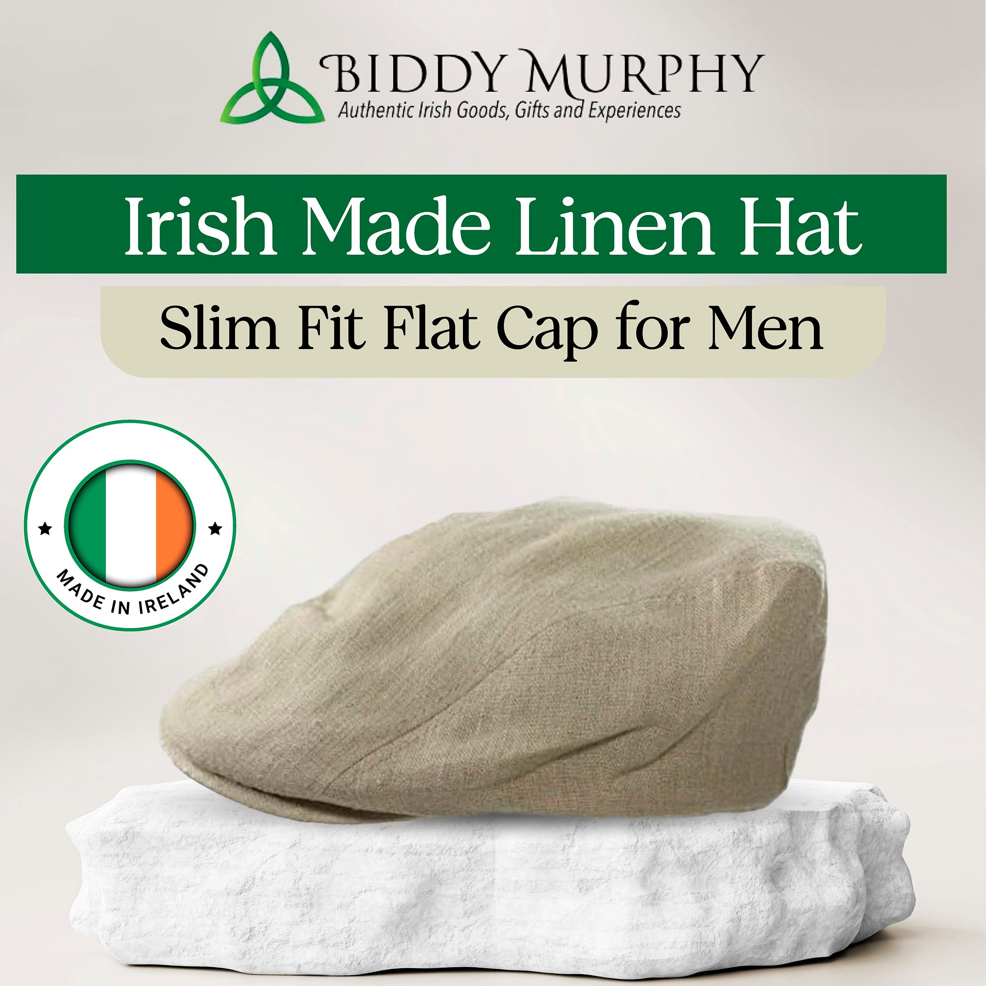 Irish Linen Newsboy Flat Cap - Cream, Slim-Fit Hat