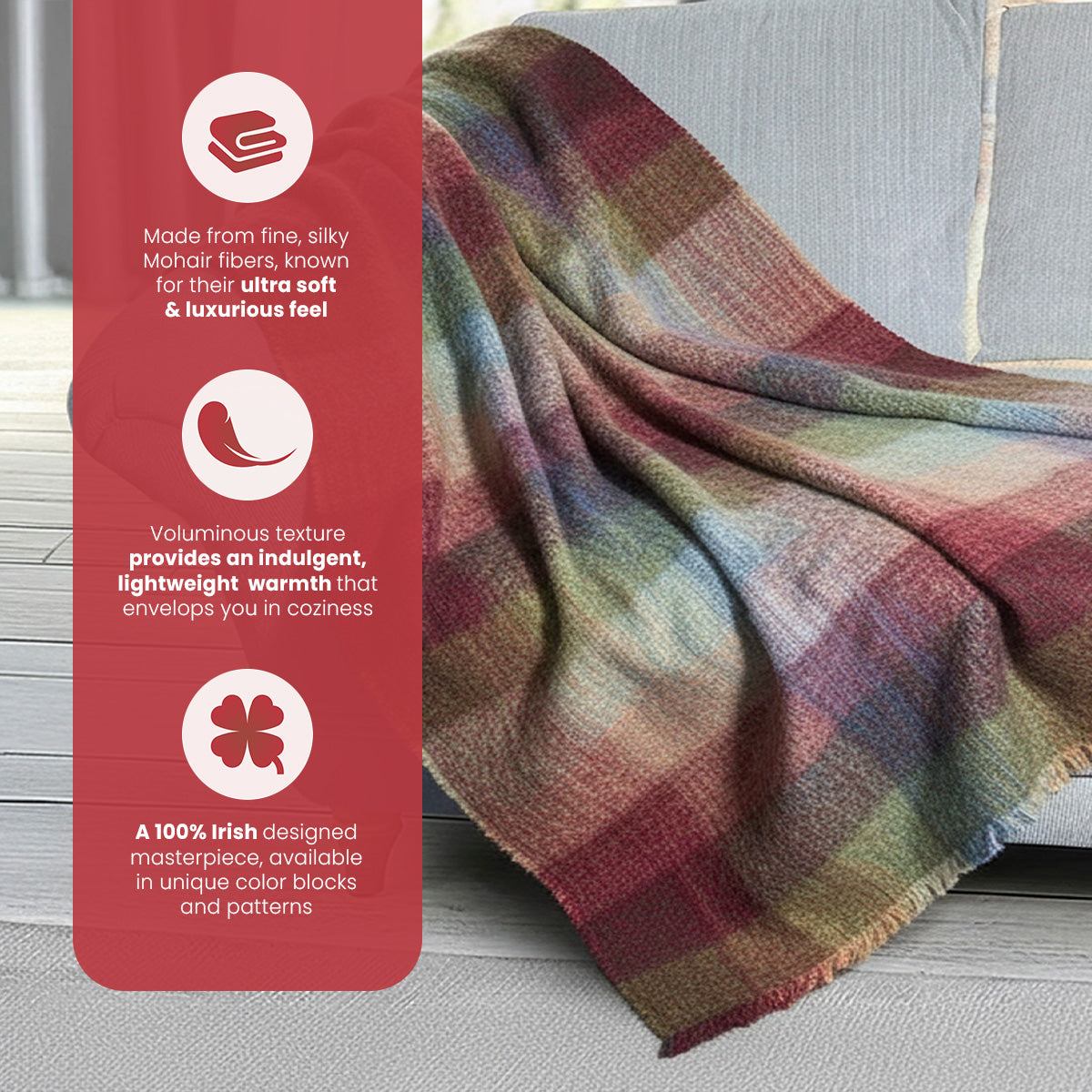 Irish Mohair Throw Blanket - Watercolour Monet Tartan Plaid, 70% Mohair Wool Blend (54" x 72")