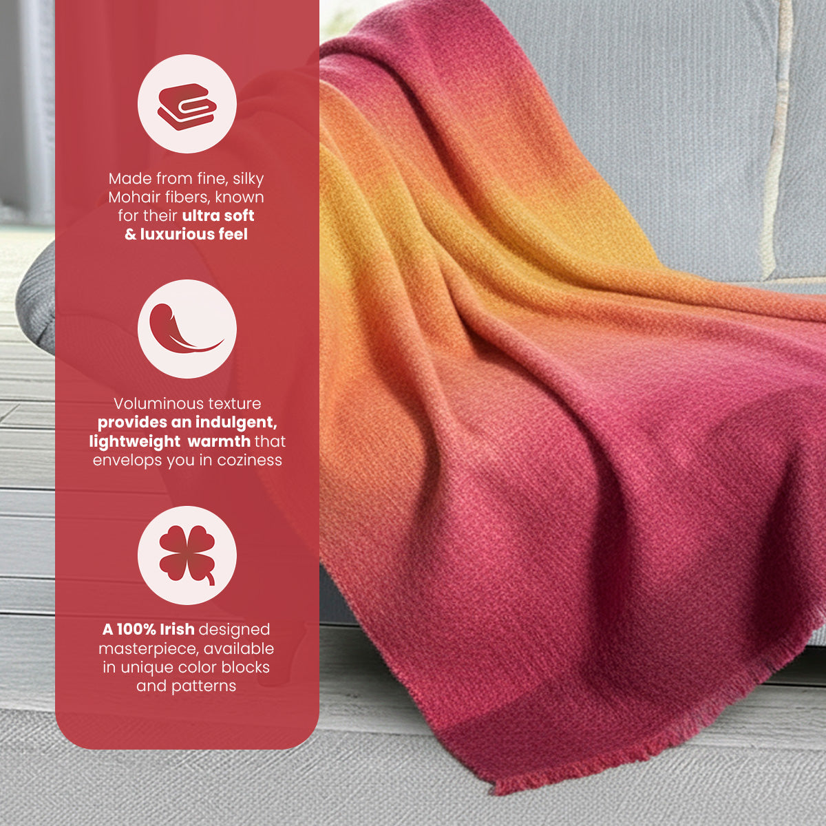 Irish Mohair Throw Blanket - Pink/Yellow/Purple Tartan Plaid, 70% Mohair Wool Blend (54" x 72")