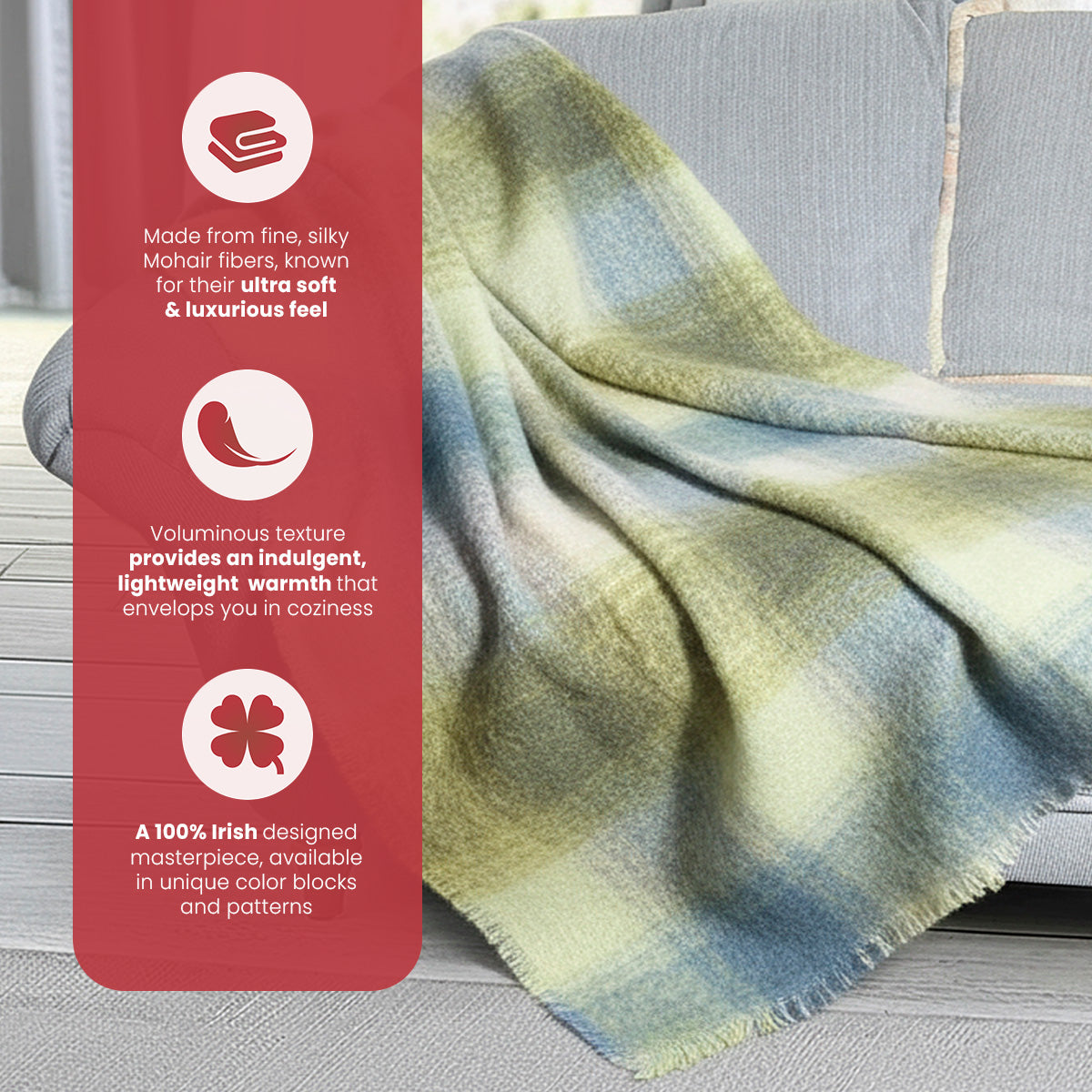 Irish Mohair Throw Blanket - Cream/Pale Blue/Green/Gray Tartan Plaid, 70% Mohair Wool Blend (54" x 72")