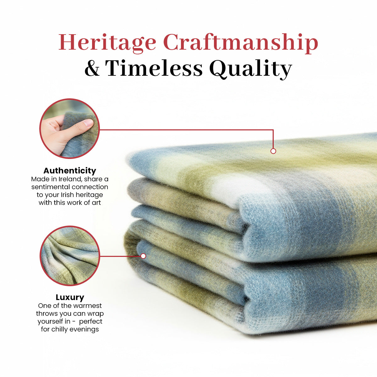 Irish Mohair Throw Blanket - Cream/Pale Blue/Green/Gray Tartan Plaid, 70% Mohair Wool Blend (54" x 72")