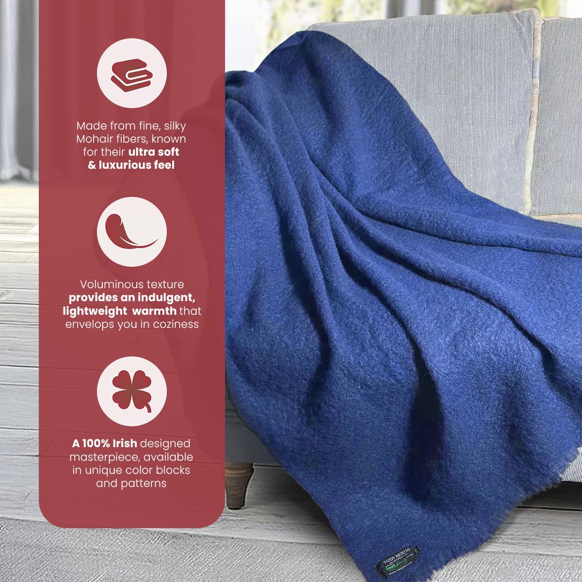 Irish Mohair Throw Blanket - Solid Blue, 70% Mohair Wool Blend (54" x 72")