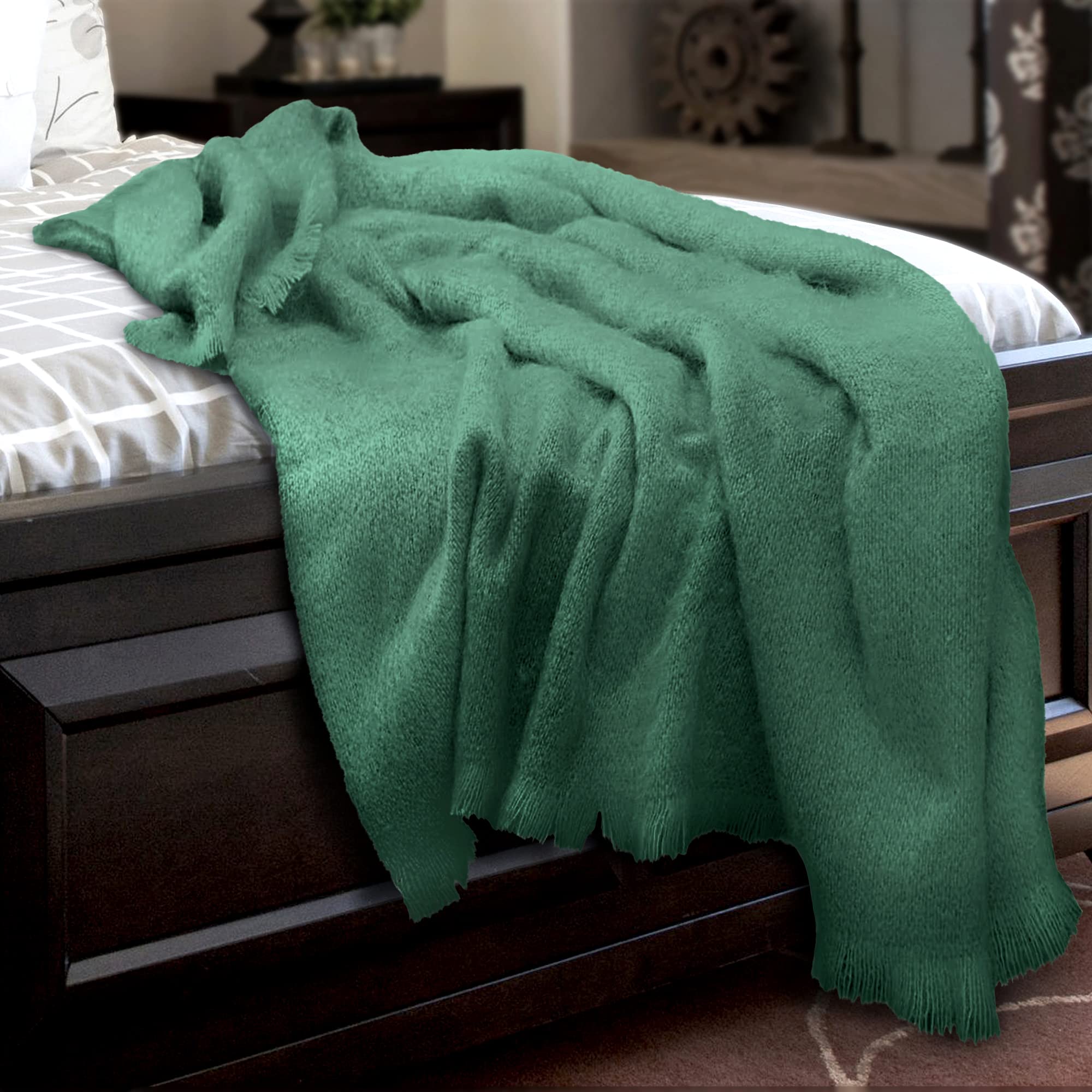 Irish Mohair Throw Blanket - Solid Green, 70% Mohair Wool Blend (54" x 72")
