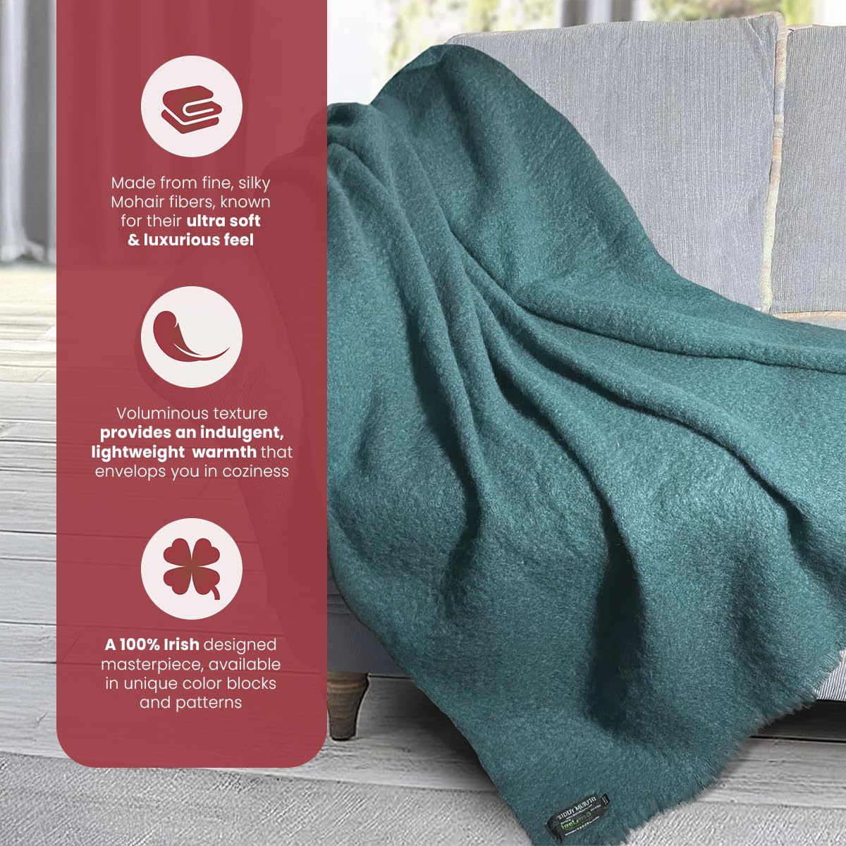Irish Mohair Throw Blanket - Solid Green, 70% Mohair Wool Blend (54" x 72")