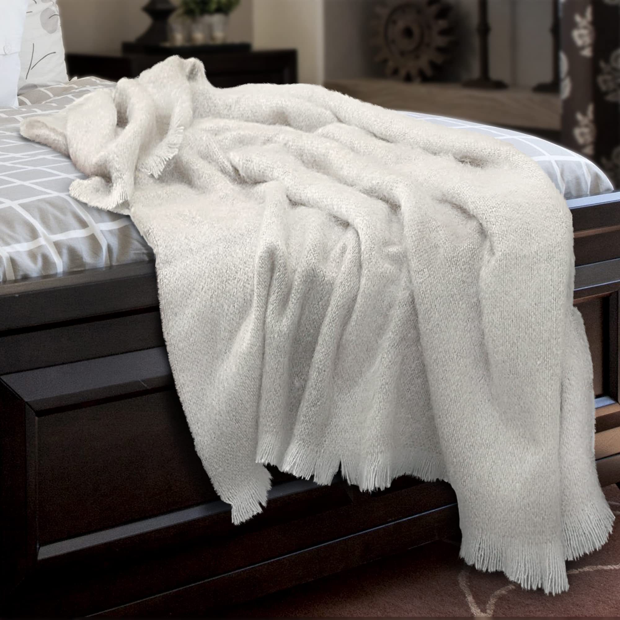 Irish Mohair Throw Blanket - Solid White, 70% Mohair Wool Blend (54" x 72")