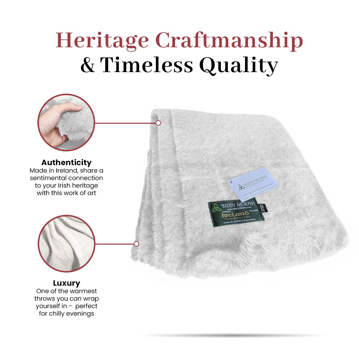 Irish Mohair Throw Blanket - Solid White, 70% Mohair Wool Blend (54" x 72")