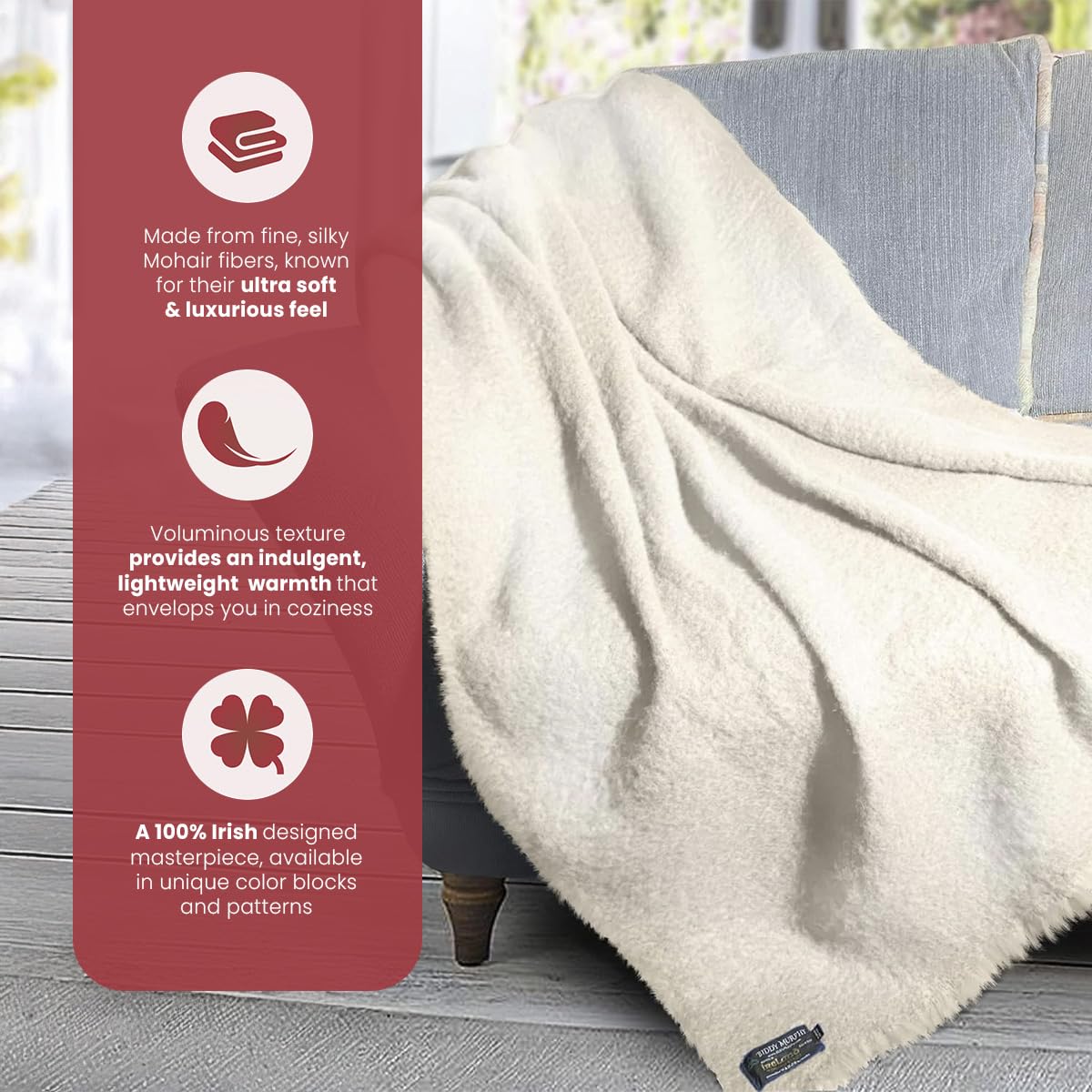 Irish Mohair Throw Blanket - Solid White, 70% Mohair Wool Blend (54" x 72")