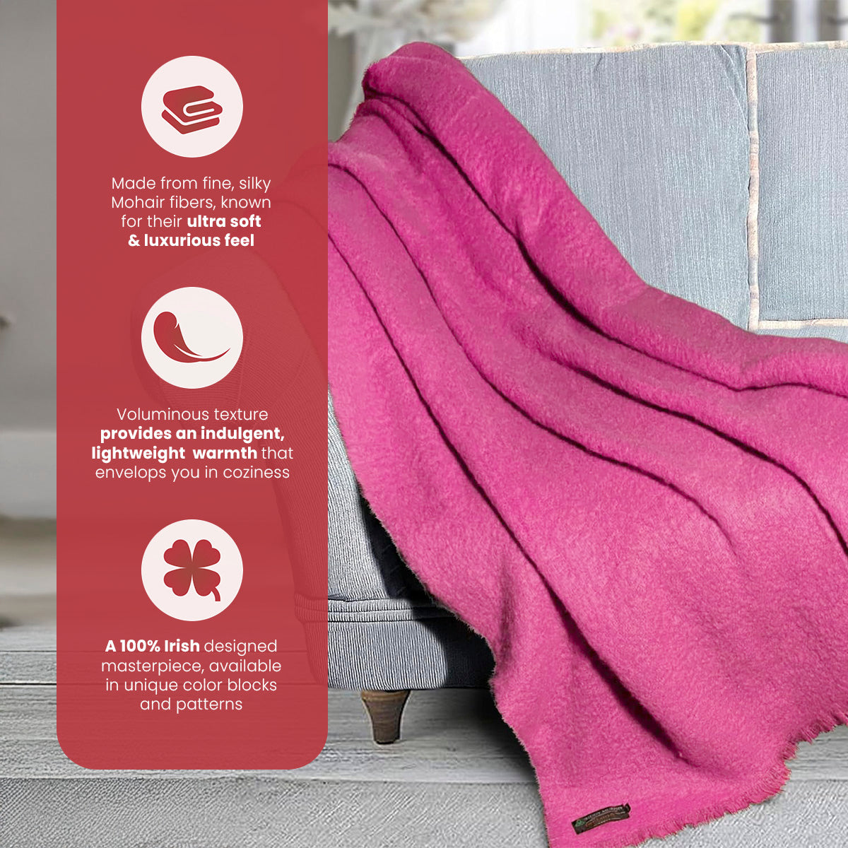 Irish Mohair Throw Blanket - Solid Pink, 70% Mohair Wool Blend (54" x 72")