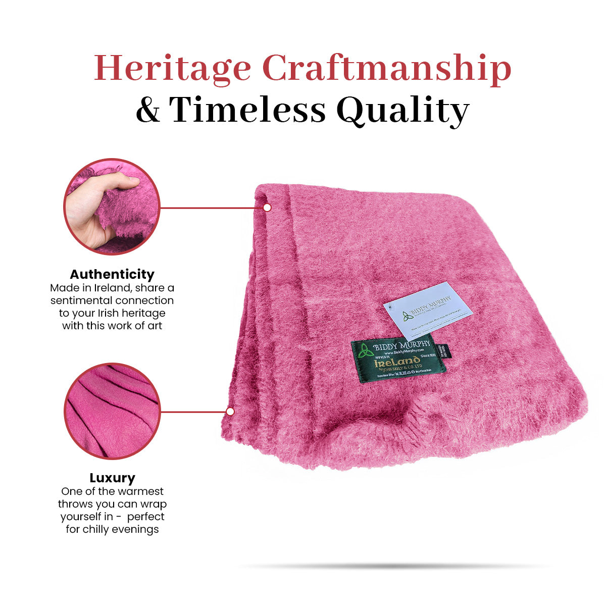 Irish Mohair Throw Blanket - Solid Pink, 70% Mohair Wool Blend (54" x 72")