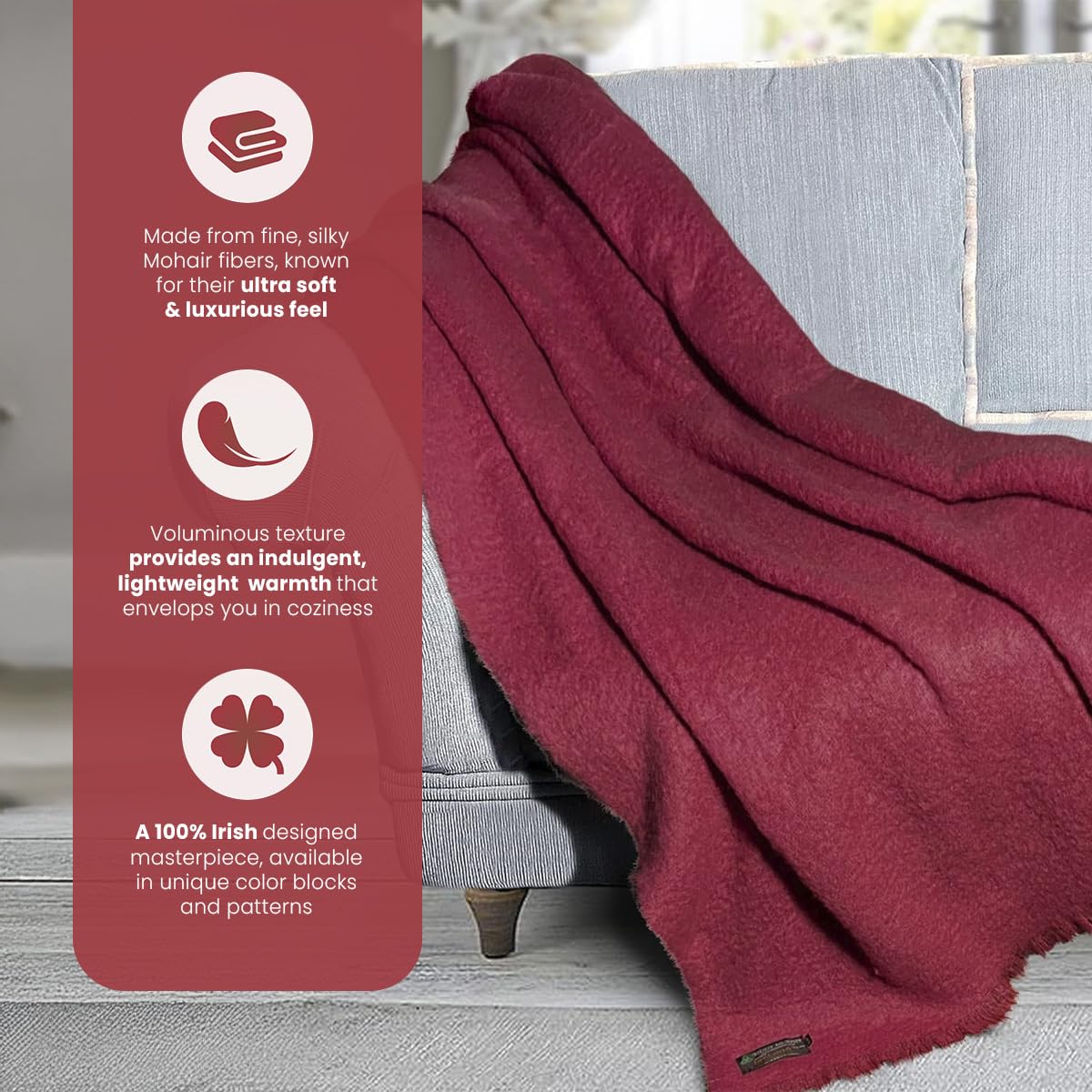 Irish Mohair Throw Blanket - Solid Red, 70% Mohair Wool Blend (54" x 72")