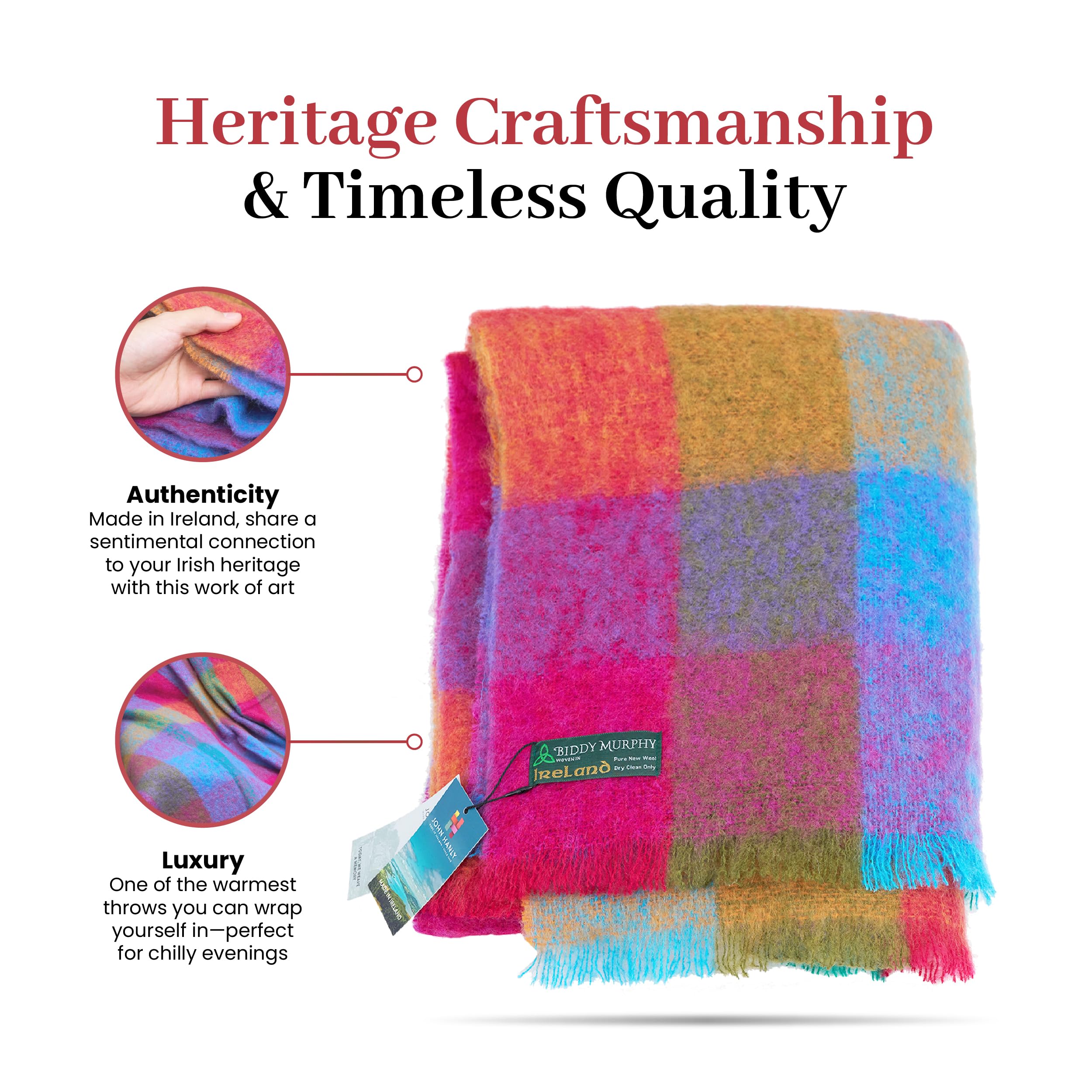 Irish Mohair Throw Blanket - Pink/Mustard/Purple/Aqua Tartan Plaid, 70% Mohair Wool Blend (54" x 72")