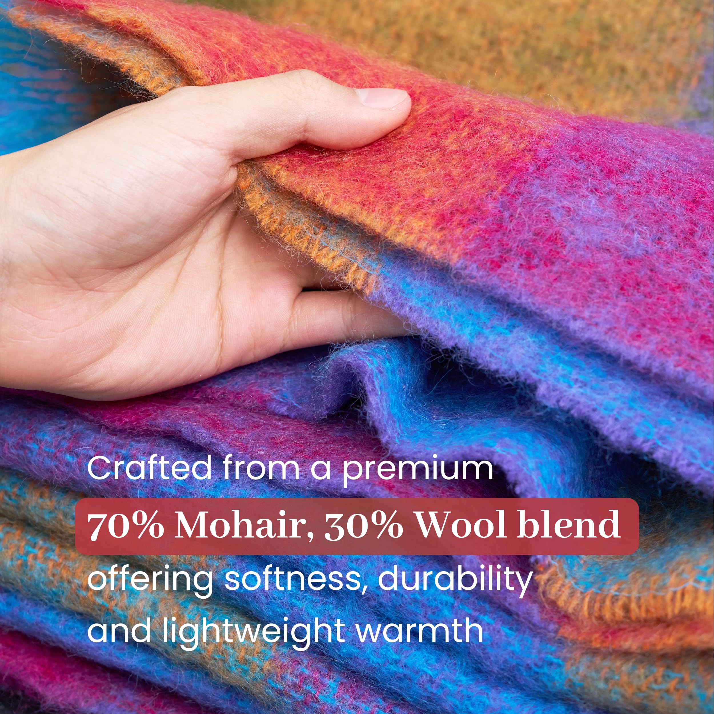 Irish Mohair Throw Blanket - Pink/Mustard/Purple/Aqua Tartan Plaid, 70% Mohair Wool Blend (54" x 72")