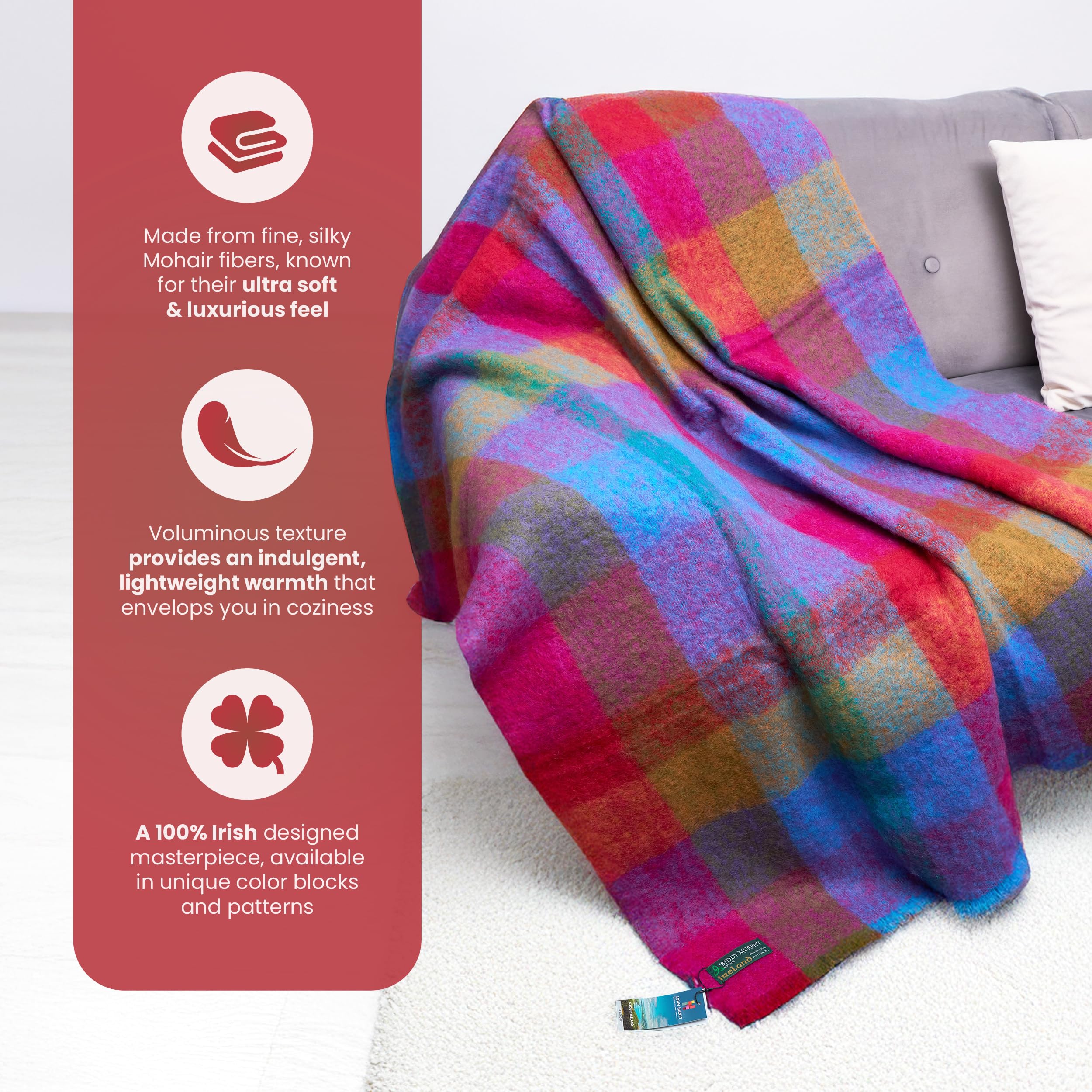 Irish Mohair Throw Blanket - Pink/Mustard/Purple/Aqua Tartan Plaid, 70% Mohair Wool Blend (54" x 72")