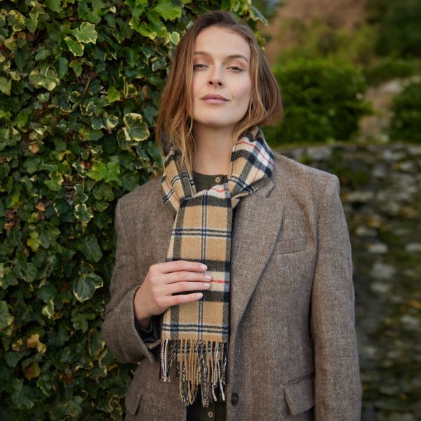 100% Irish Wool Scarf - Camel of Merrick Tartan Plaid, 12" x 60", Made in Ireland