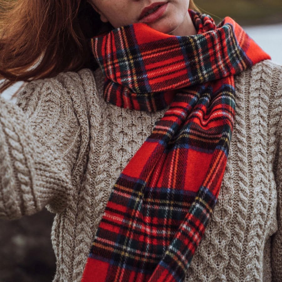 100% Irish Wool Scarf -  Red Royal Stewart Tartan Plaid, 12" x 71", Made in Ireland