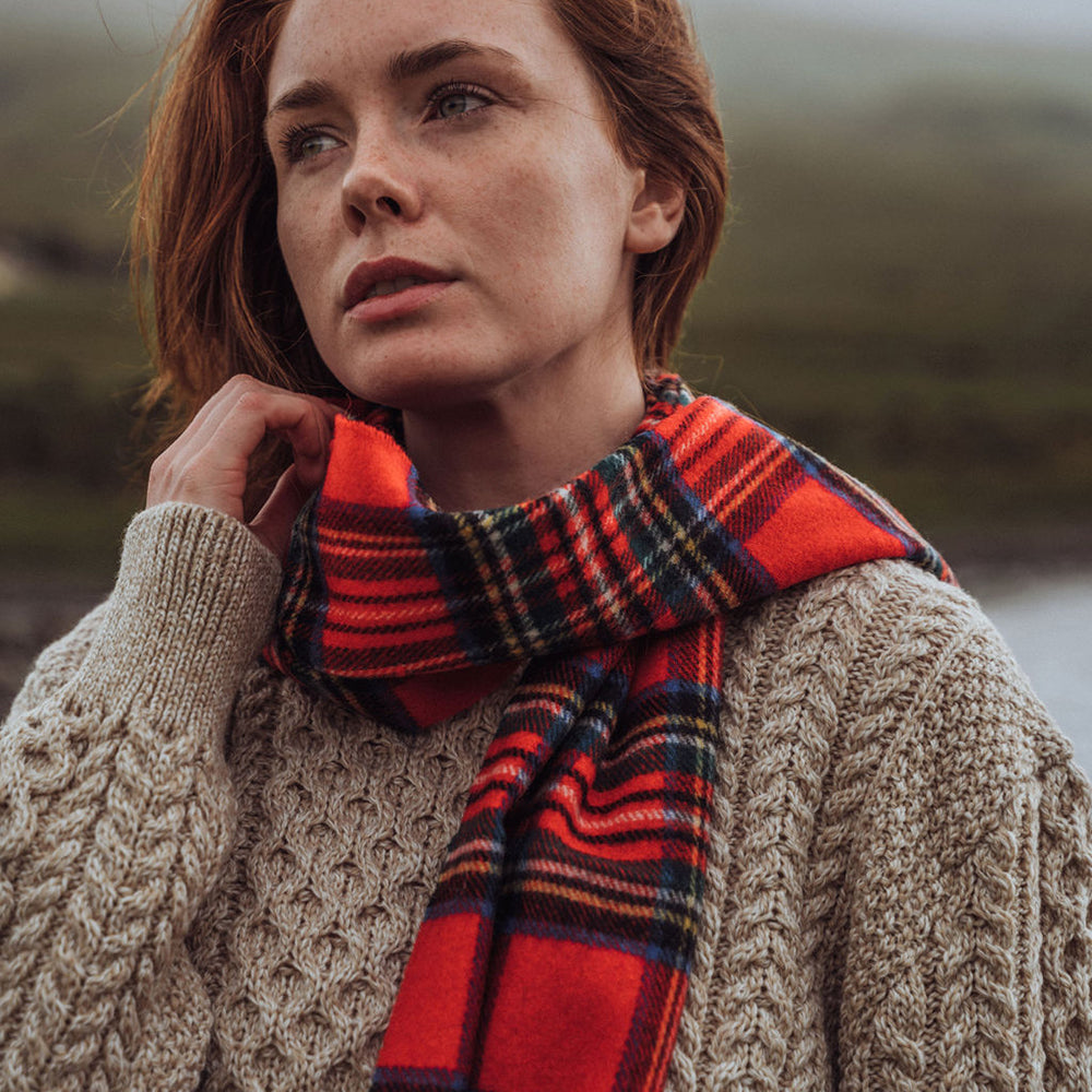 100% Irish Wool Scarf -  Red Royal Stewart Tartan Plaid, 12" x 71", Made in Ireland