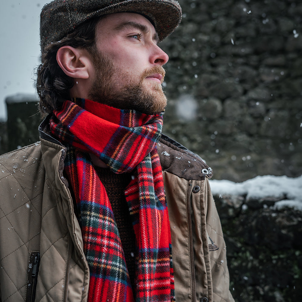 100% Irish Wool Scarf -  Red Royal Stewart Tartan Plaid, 12" x 71", Made in Ireland