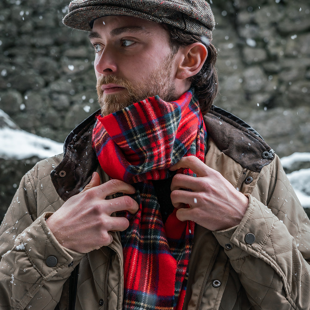 100% Irish Wool Scarf -  Red Royal Stewart Tartan Plaid, 12" x 71", Made in Ireland