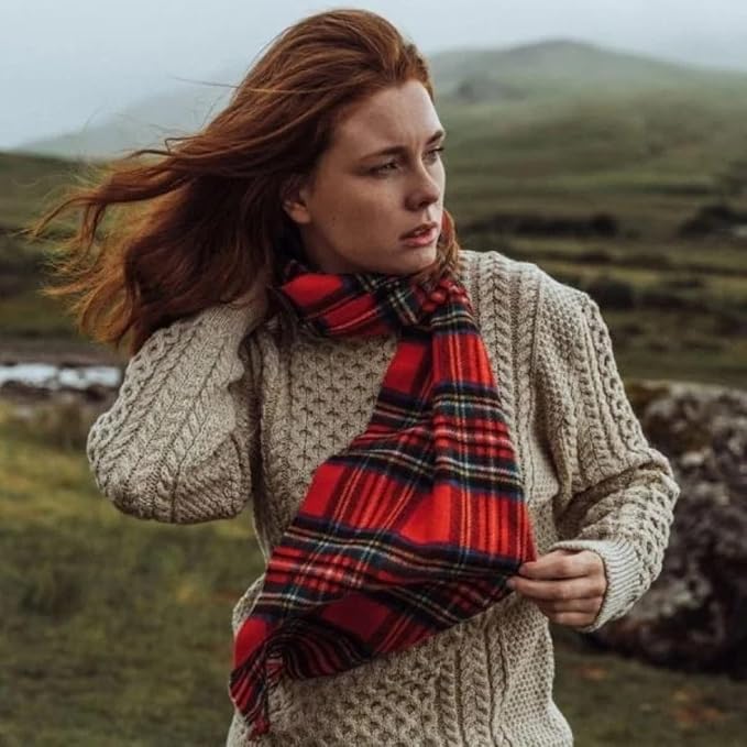 100% Irish Wool Scarf - Red Royal Stewart Tartan Plaid, 12" x 60", Made in Ireland