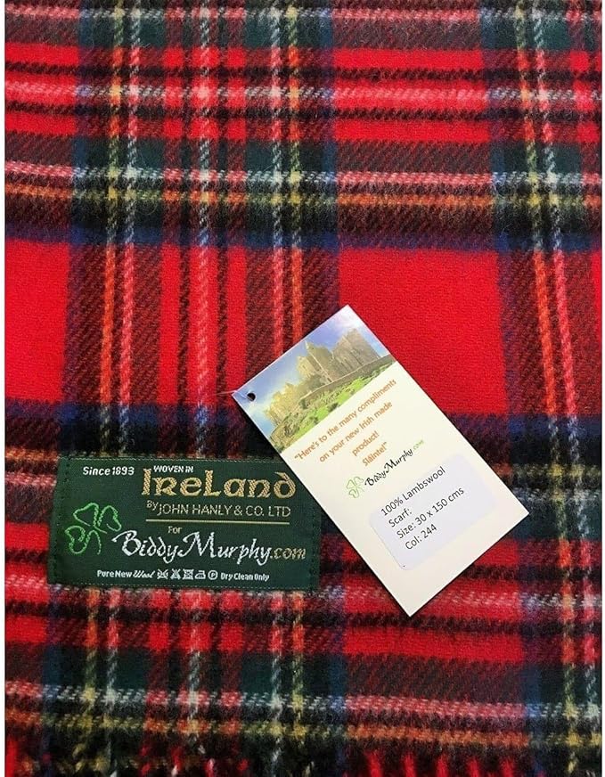 100% Irish Wool Scarf - Red Royal Stewart Tartan Plaid, 12" x 60", Made in Ireland