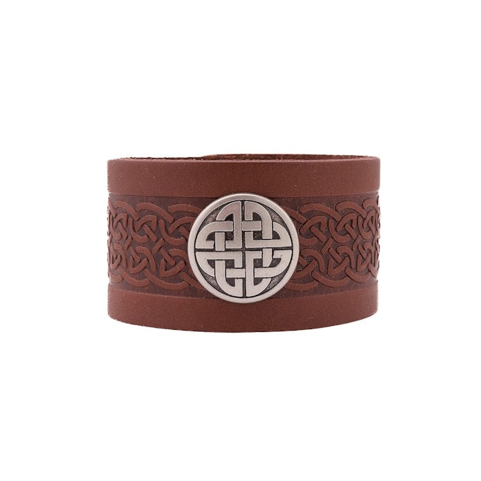 Irish Genuine Leather Cuff Bracelet with Celtic Knot Medallion