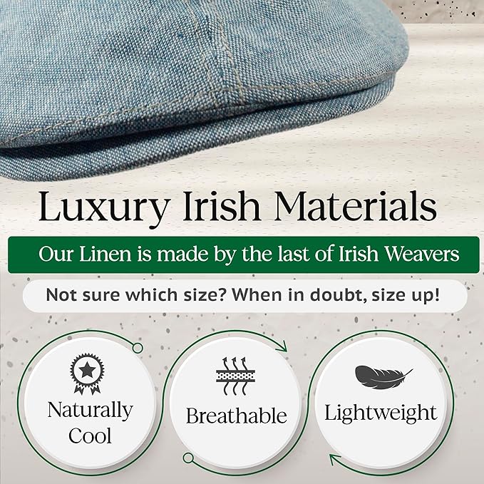 Irish Linen Newsboy Flat Cap - Blue, Slim-Fit Hat