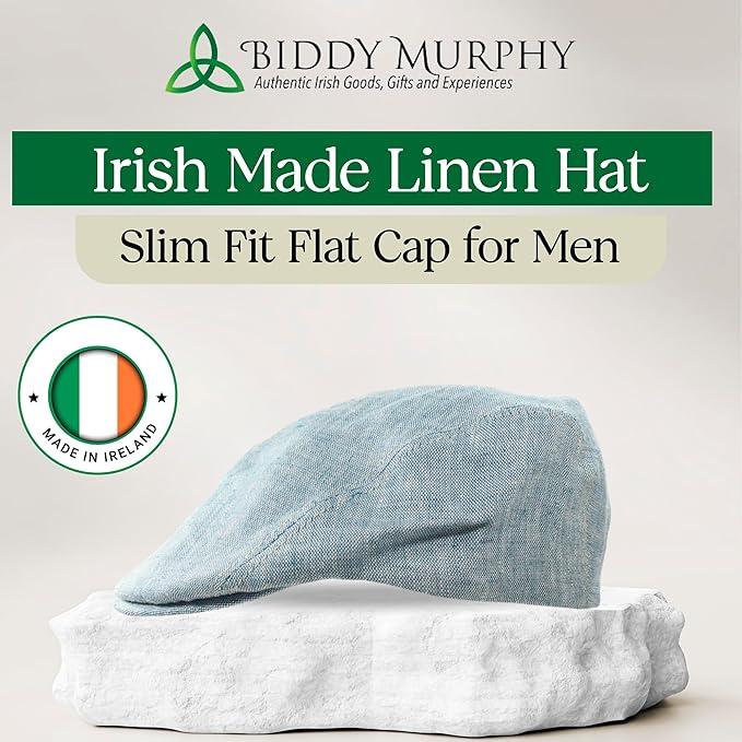 Irish Linen Newsboy Flat Cap - Blue, Slim-Fit Hat
