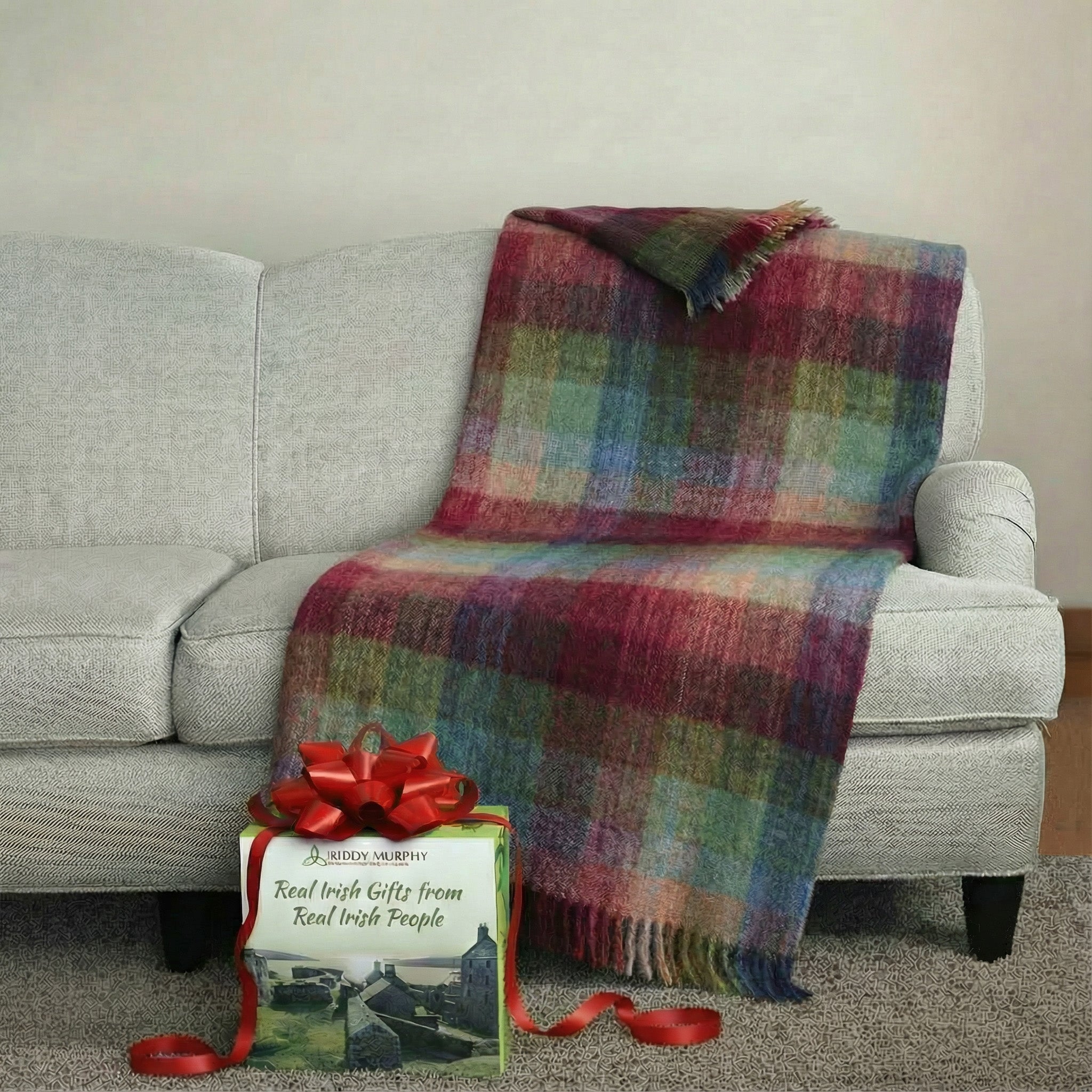 Irish Mohair Throw Blanket - Watercolour Monet Tartan Plaid, 70% Mohair Wool Blend (54" x 72")
