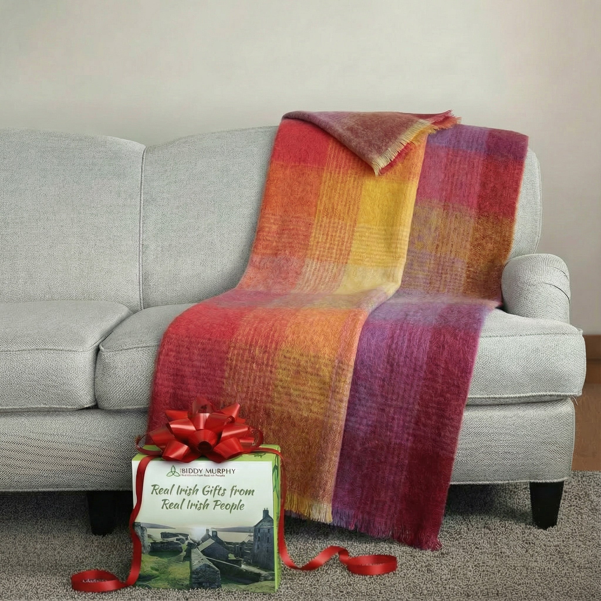 Irish Mohair Throw Blanket - Pink/Yellow/Purple Tartan Plaid, 70% Mohair Wool Blend (54" x 72")