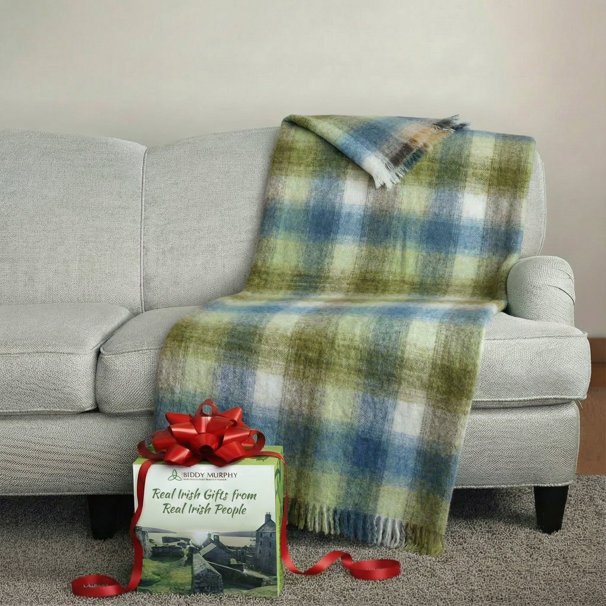 Irish Mohair Throw Blanket - Cream/Pale Blue/Green/Gray Tartan Plaid, 70% Mohair Wool Blend (54" x 72")