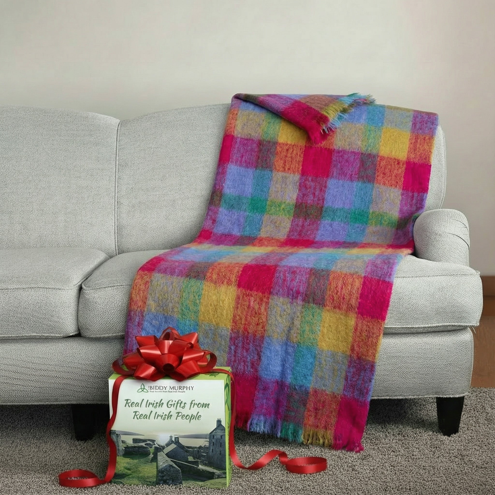 Irish Mohair Throw Blanket - Pink/Mustard/Purple/Aqua Tartan Plaid, 70% Mohair Wool Blend (54" x 72")