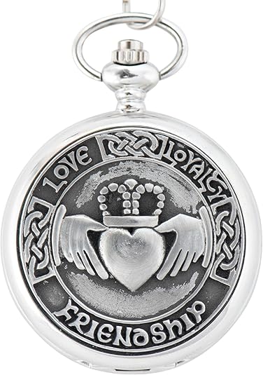 Irish Claddagh Pocket Watch for Men – Mechanical Wind-Up, Pewter Cover, Stainless Steel Case & Chain