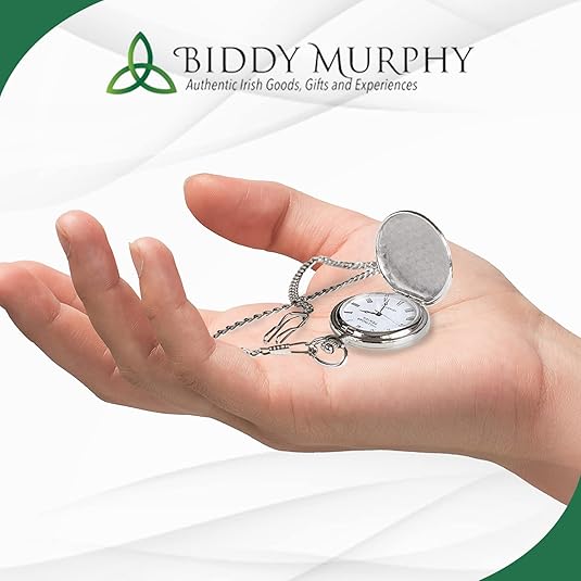 Irish Claddagh Pocket Watch for Men – Mechanical Wind-Up, Pewter Cover, Stainless Steel Case & Chain