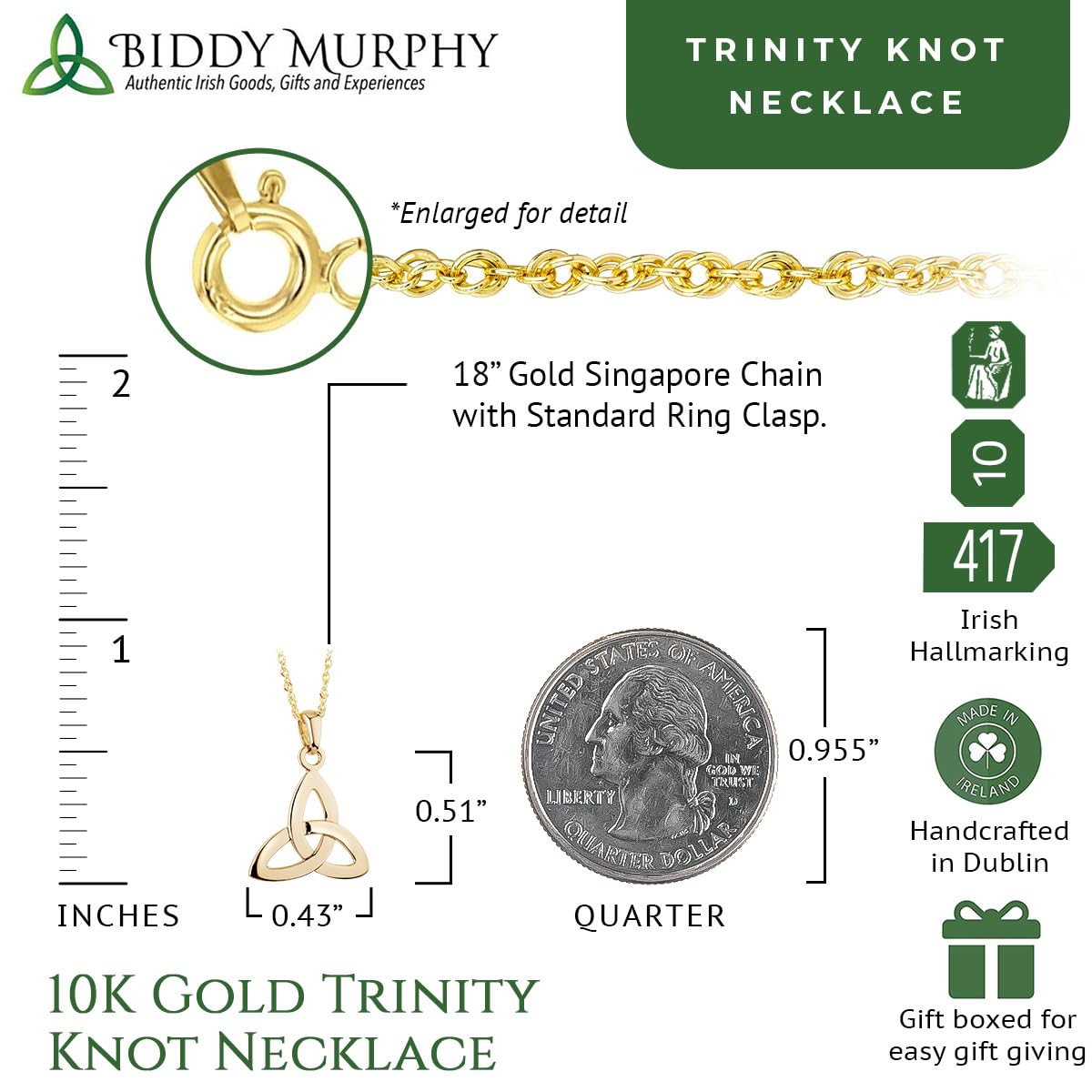 Irish 10K Gold Trinity Knot Necklace with 18" Singapore Chain