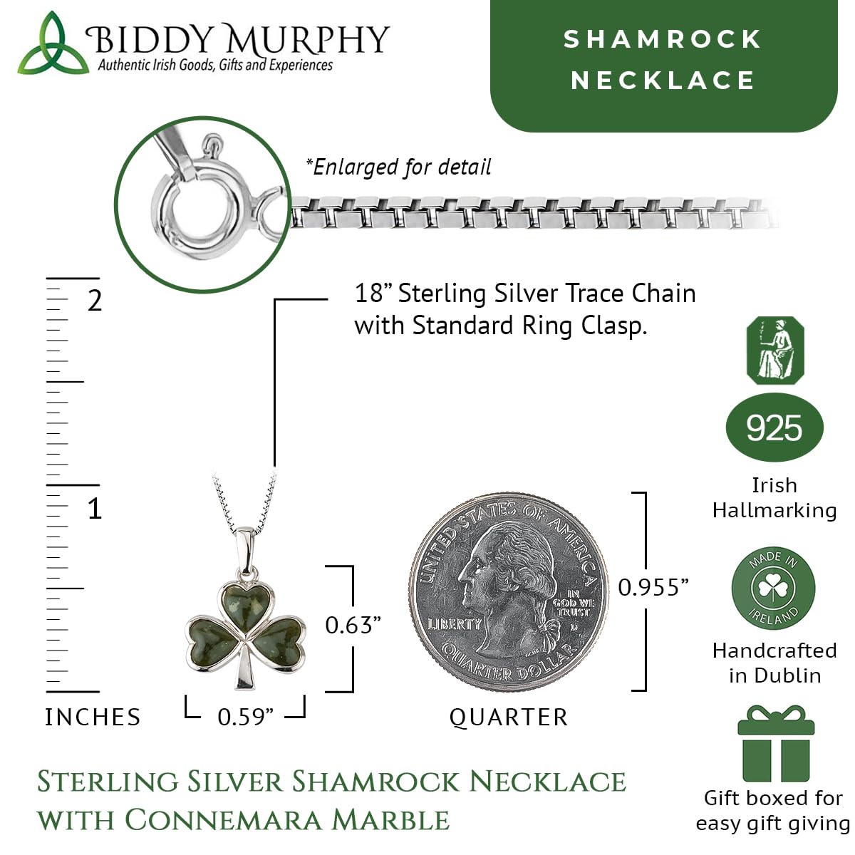 Irish Sterling Silver Connemara Marble Shamrock Necklace (3-Leaf Clover)