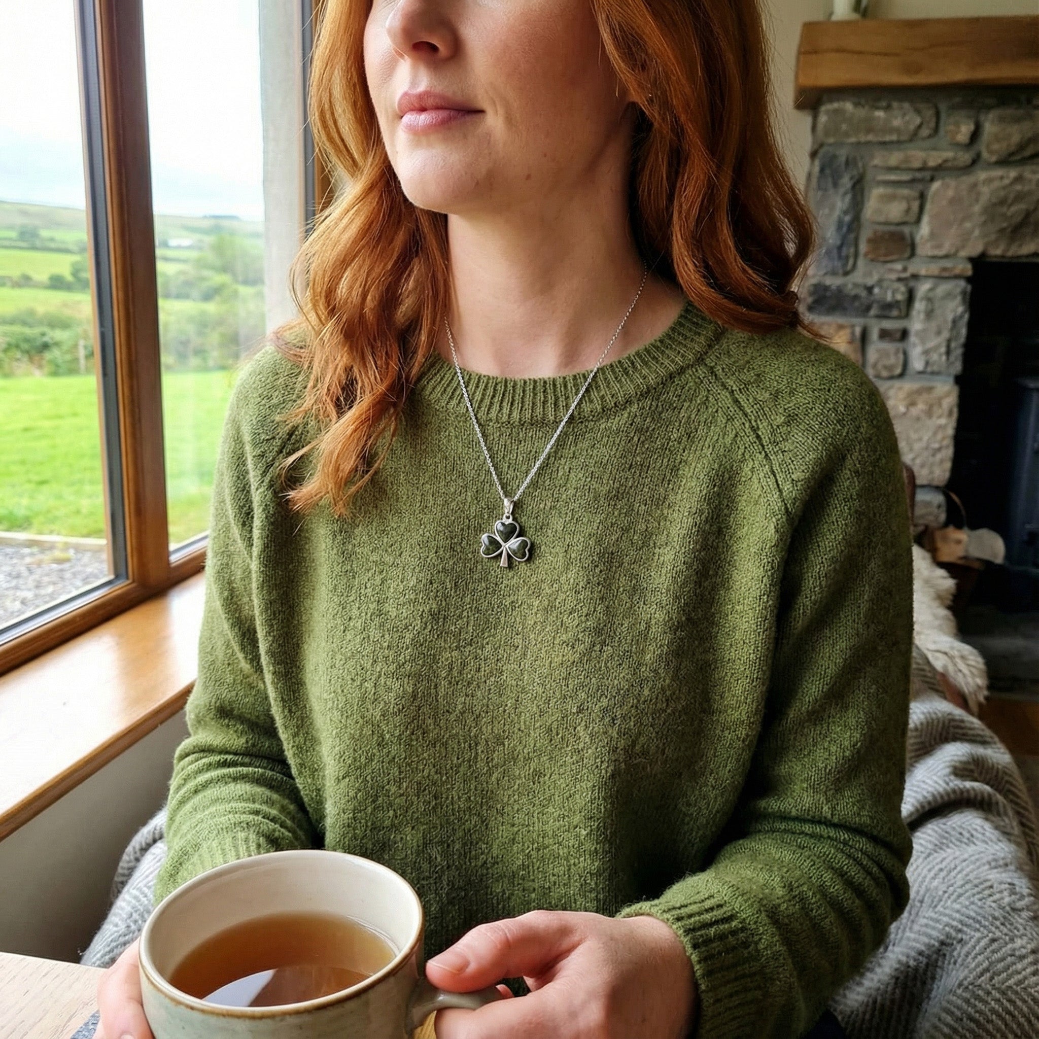 Irish Sterling Silver Connemara Marble Shamrock Necklace (3-Leaf Clover)