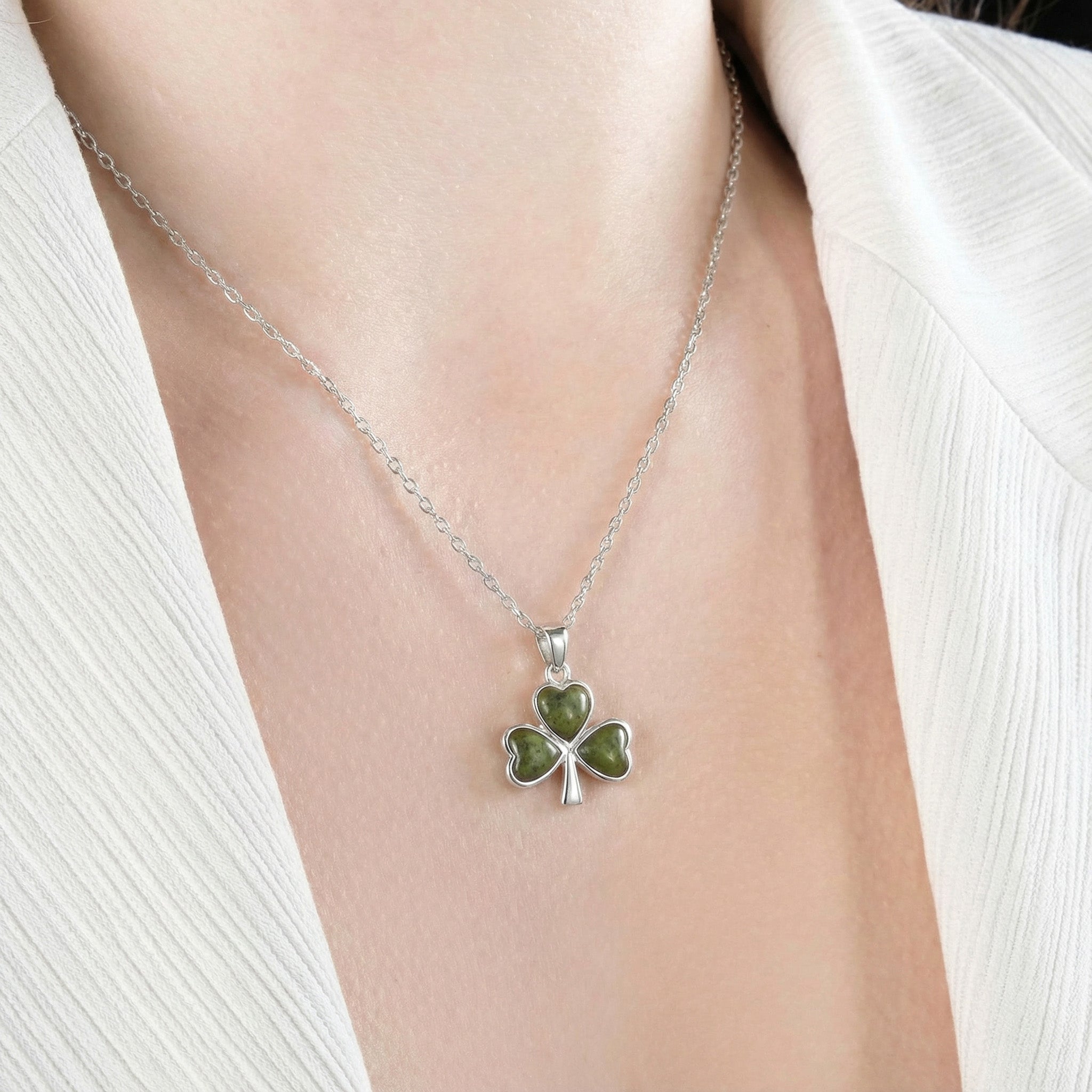Irish Sterling Silver Connemara Marble Shamrock Necklace (3-Leaf Clover)