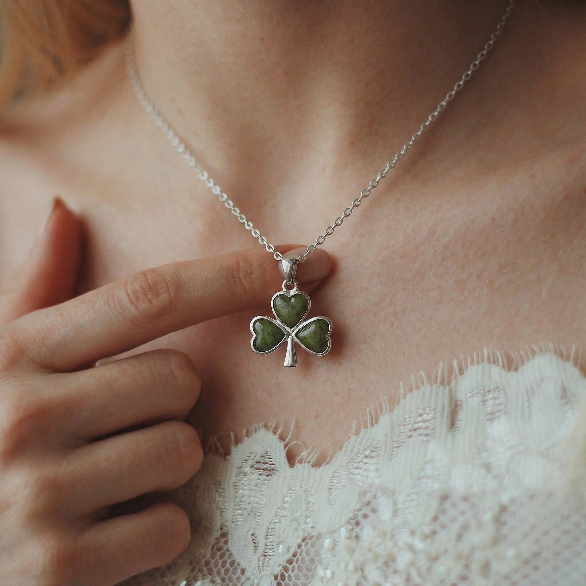 Irish Sterling Silver Connemara Marble Shamrock Necklace (3-Leaf Clover)