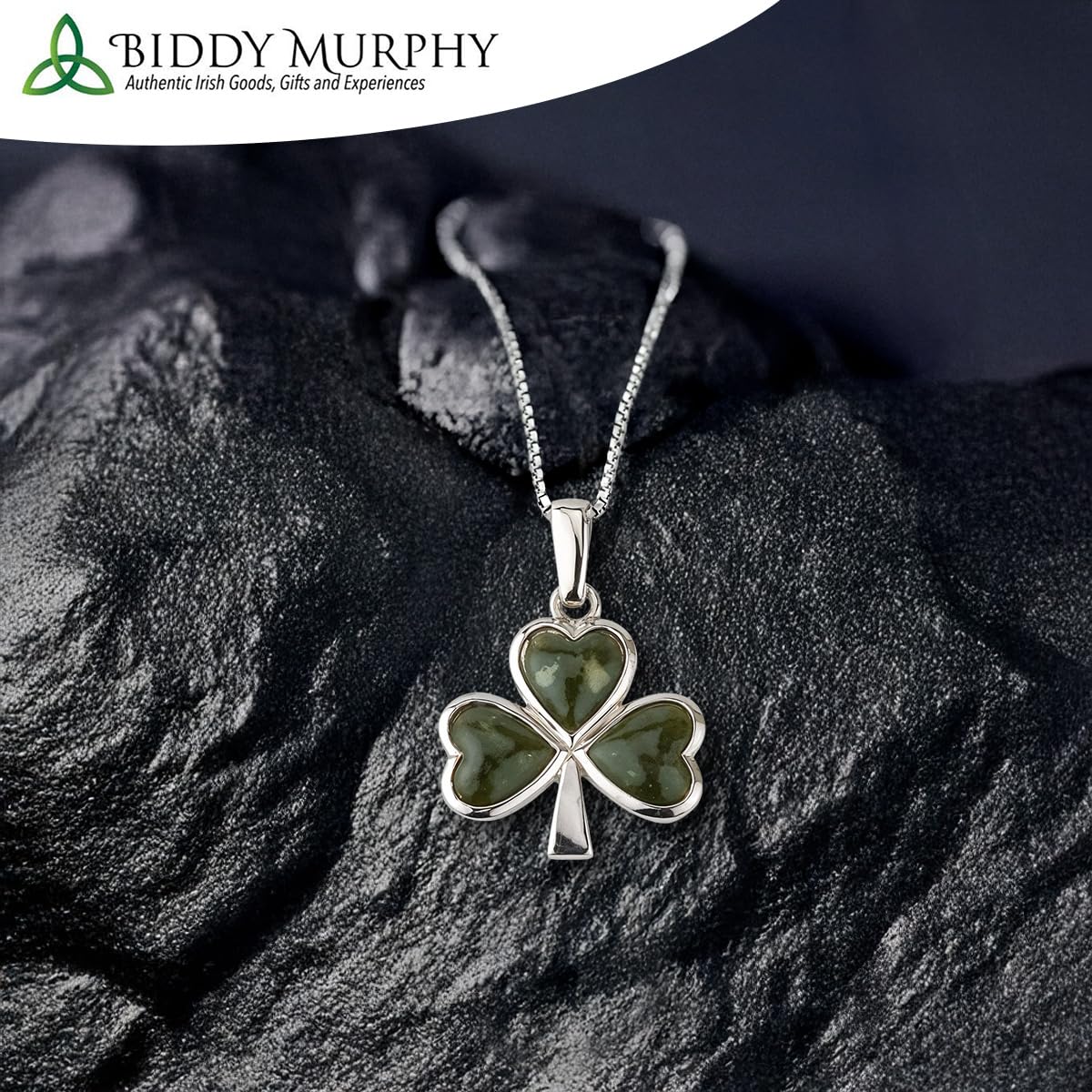 Irish Sterling Silver Connemara Marble Shamrock Necklace (3-Leaf Clover)