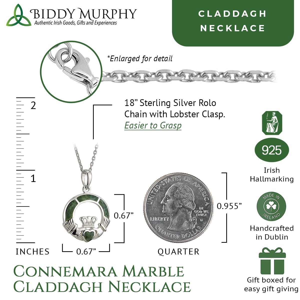 Irish Sterling Silver Connemara Marble Claddagh Necklace for Women
