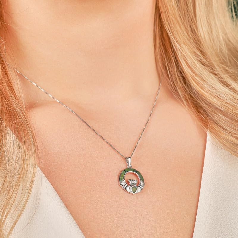 Irish Sterling Silver Connemara Marble Claddagh Necklace for Women