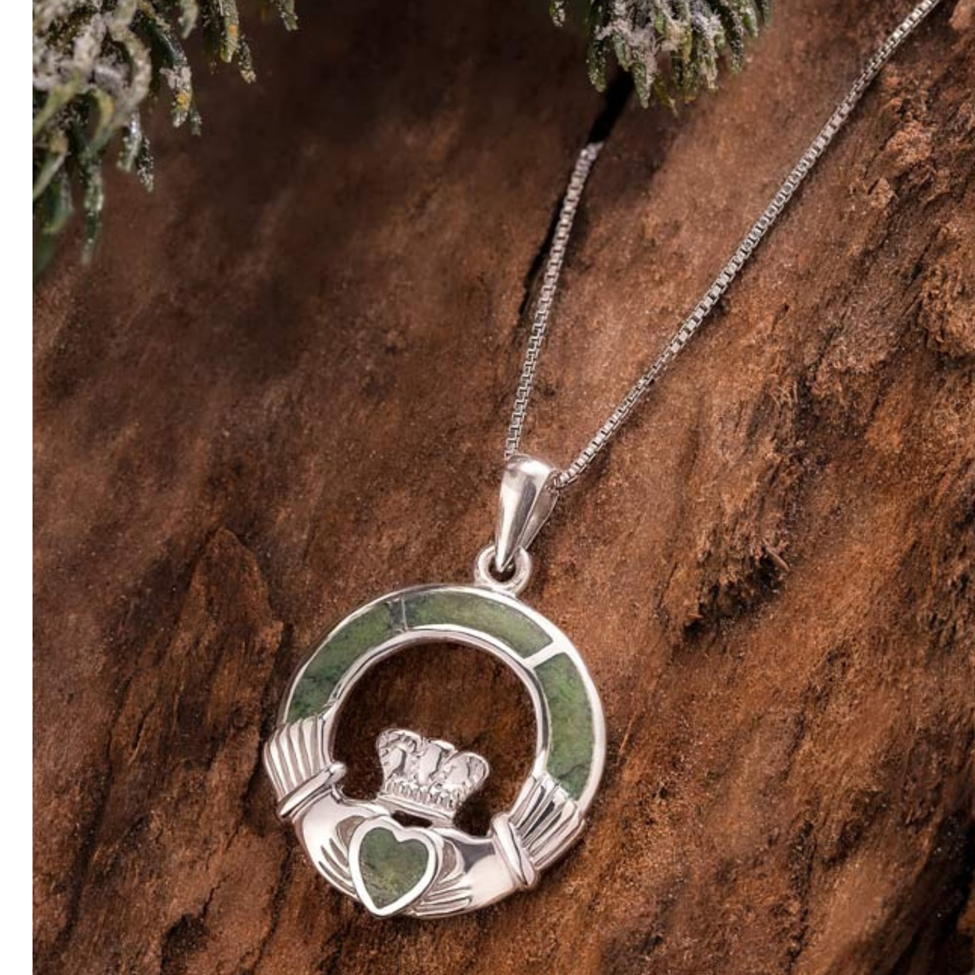 Irish Sterling Silver Connemara Marble Claddagh Necklace for Women