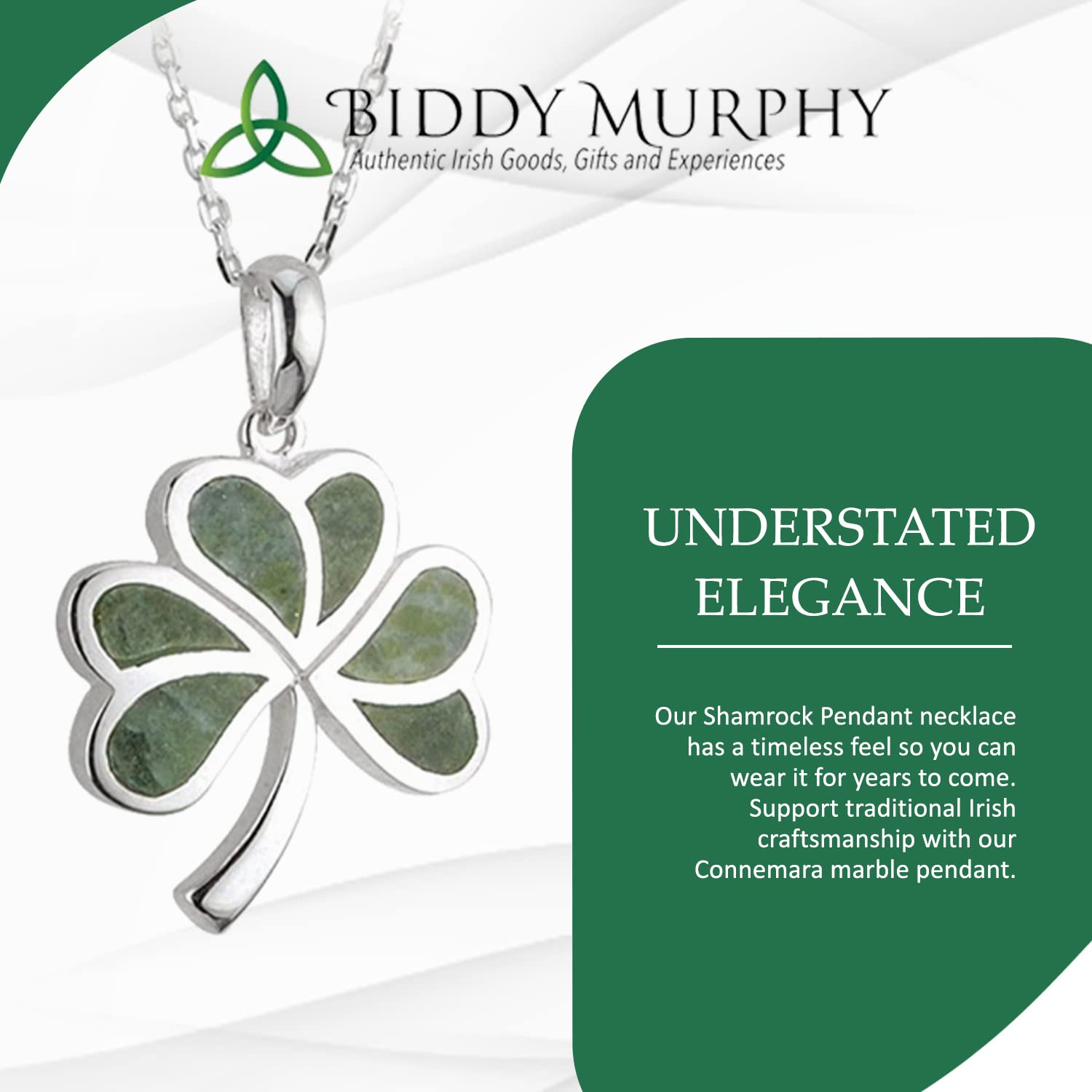 Irish Sterling Silver Connemara Marble Shamrock Necklace for Women