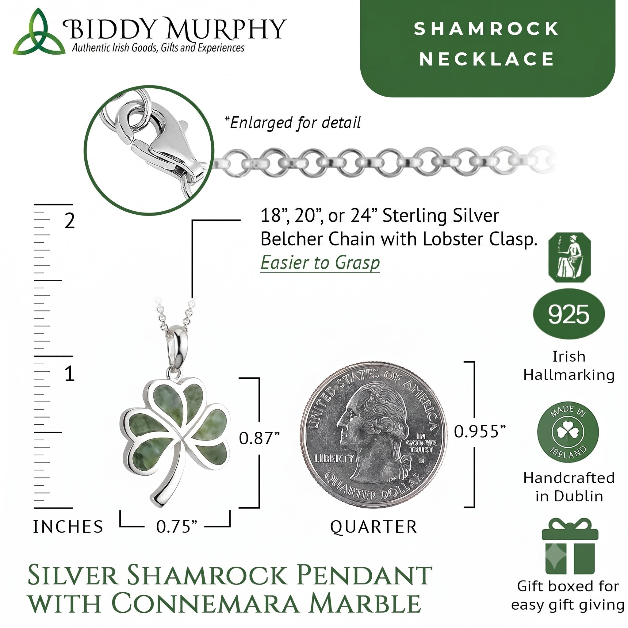 Irish Sterling Silver Connemara Marble Shamrock Necklace for Women